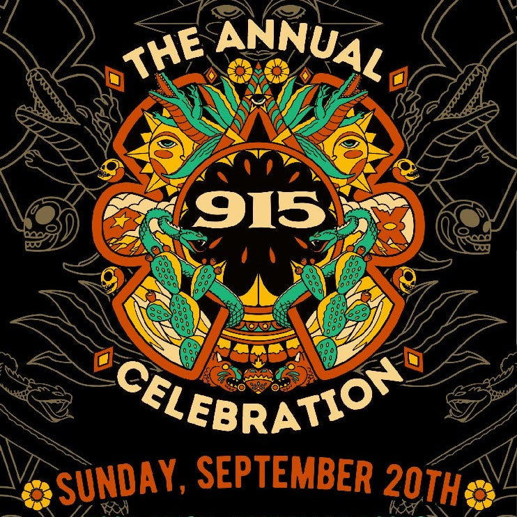A black graphic poster for 'The Annual 915 Celebration' with a large central circular illustration in orange, teal, yellow, and cream, plus event text reading 'Sunday, September 20th' and 'Food, Music, Handmade Goods, Giveaways & More!' with 'Chucorelic.com' at the bottom.