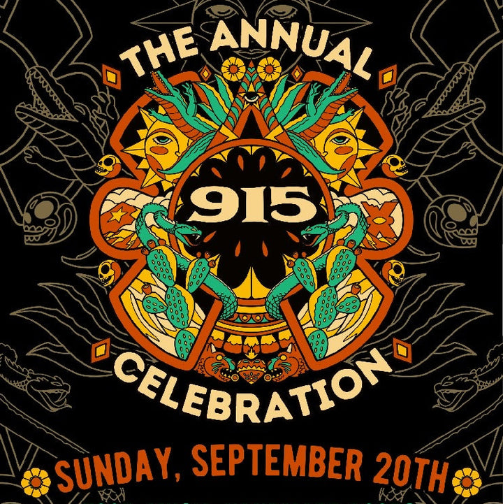 A black graphic poster for 'The Annual 915 Celebration' with a large central circular illustration in orange, teal, yellow, and cream, plus event text reading 'Sunday, September 20th' and 'Food, Music, Handmade Goods, Giveaways & More!' with 'Chucorelic.com' at the bottom.
