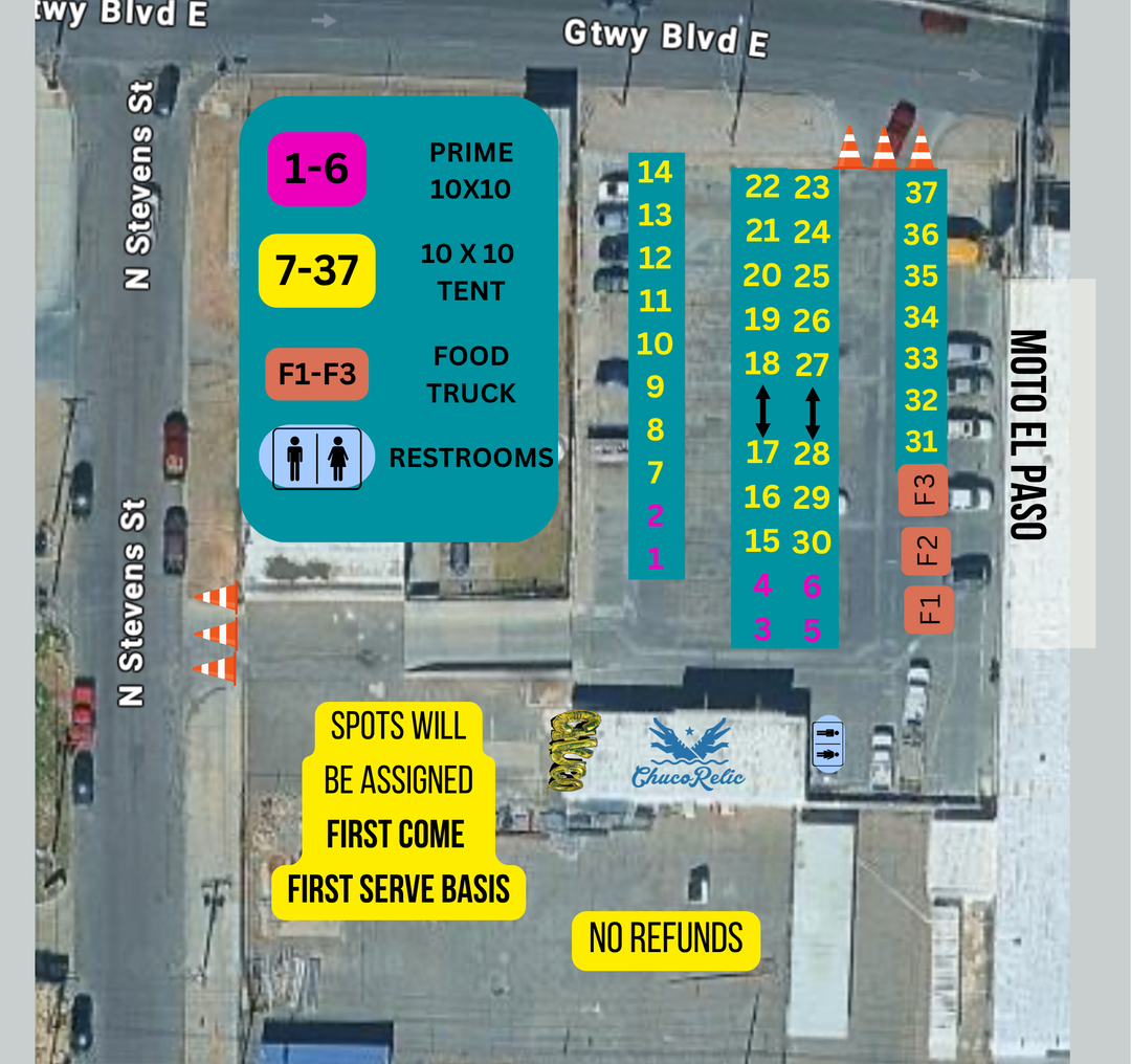 A top-down parking and tent layout map labeled for ChaceRide, showing numbered spots 1 through 37, tent spaces 10x10 and 10x10 food truck, restroom icons, and directional text on an aerial street-view background.