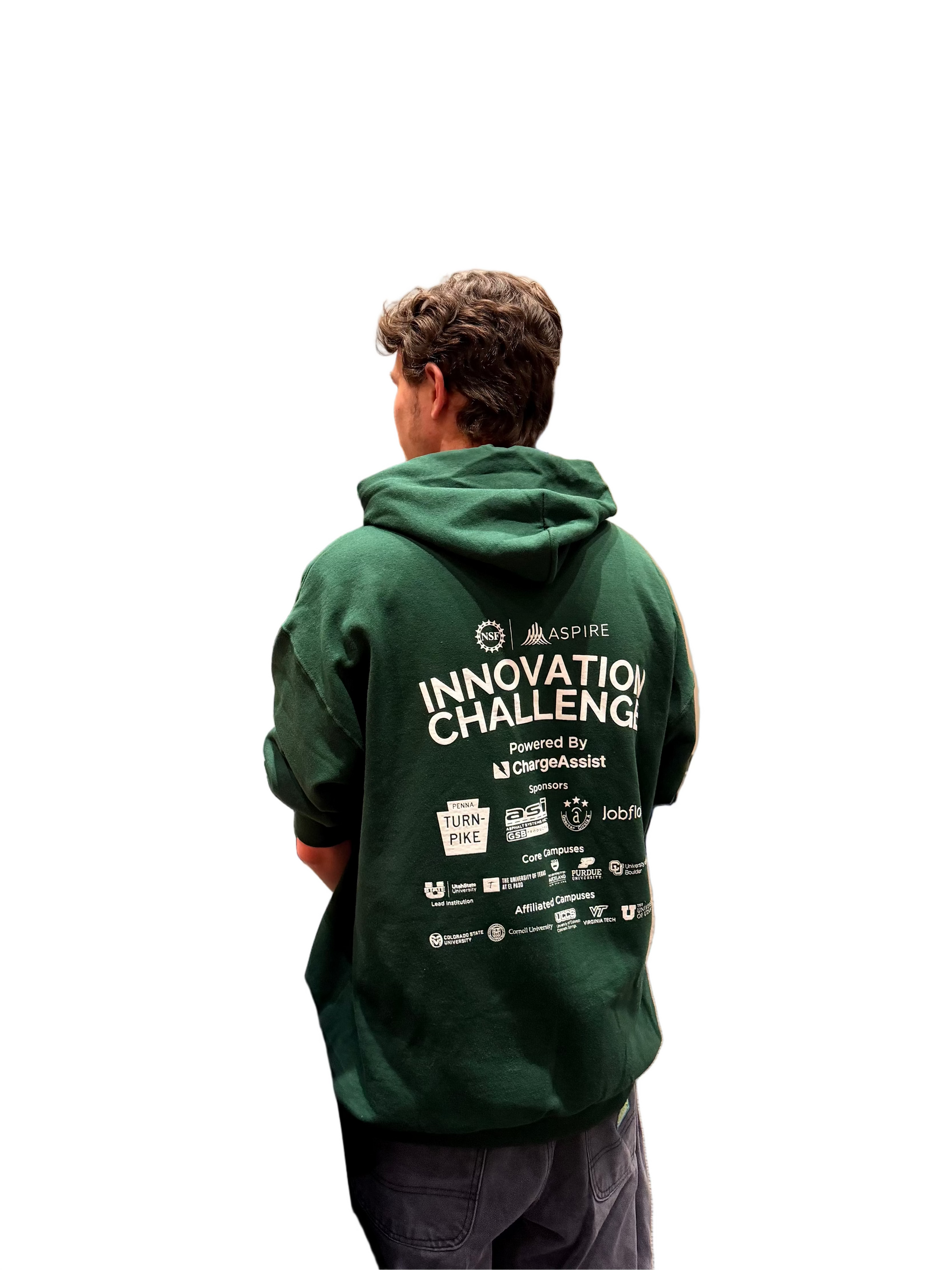 one person in green hoodies standing in front of a screen displaying 'ASPIRE Innovation Challenge' 